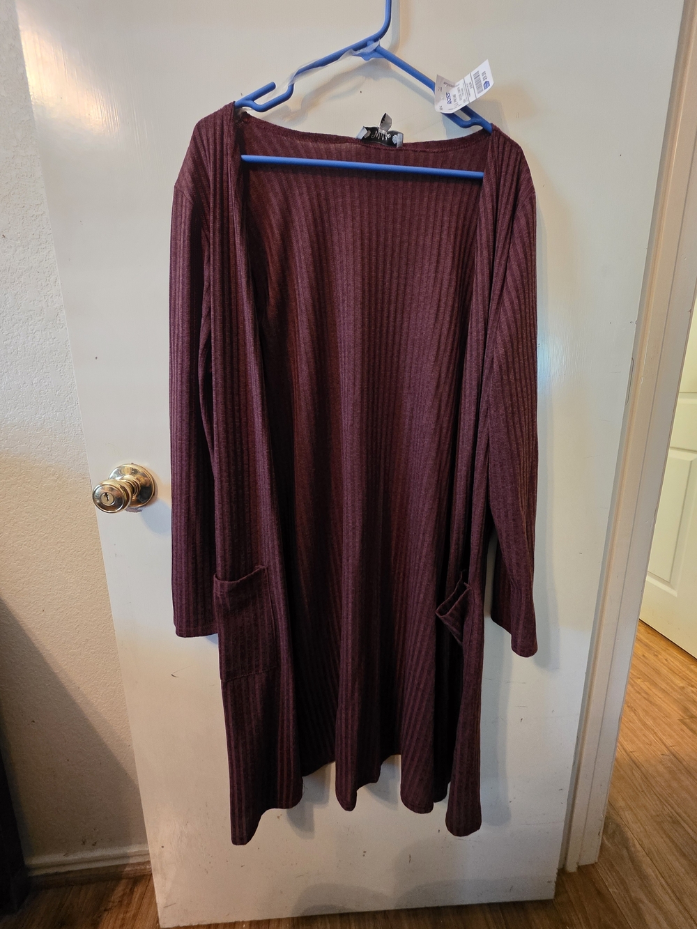 Open-Front Ribbed Long Cardigan in Burgundy